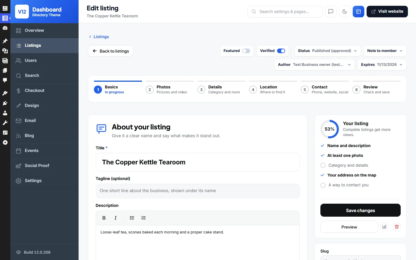 Editing a listing in the admin