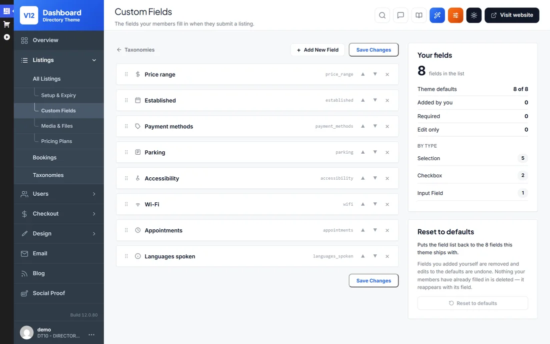 The custom fields screen
