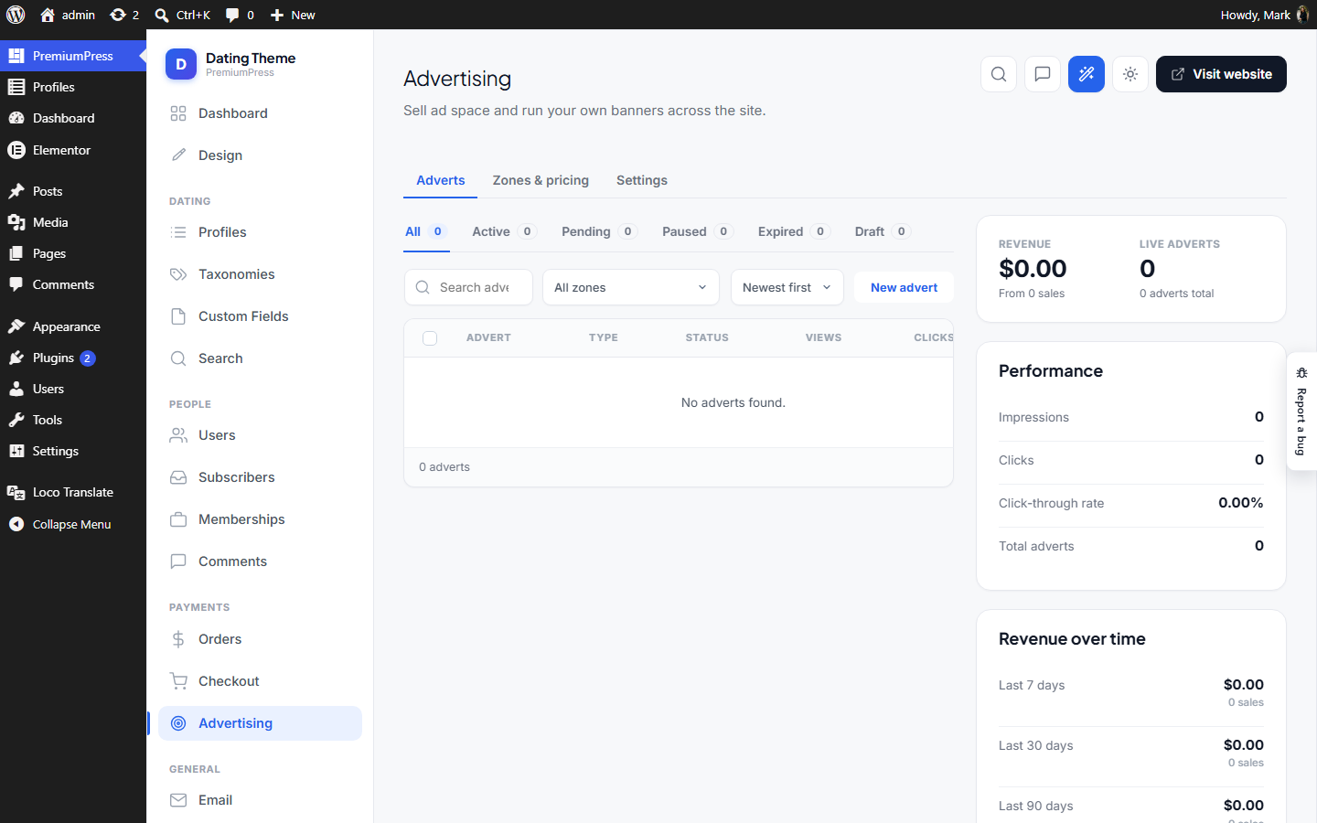 The Advertising screen in wp-admin