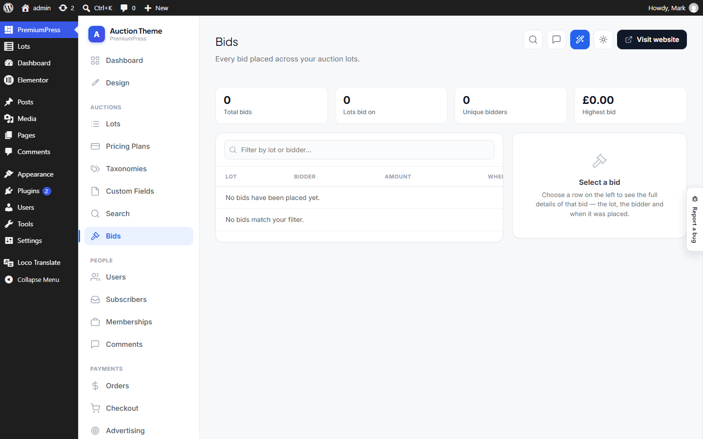 The Bids screen in wp-admin