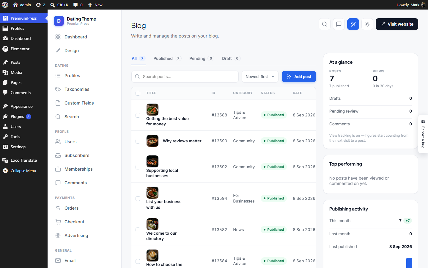 The Blog screen in wp-admin