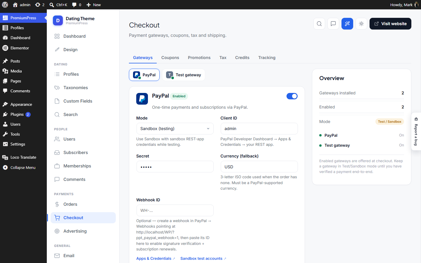 The Checkout screen in wp-admin