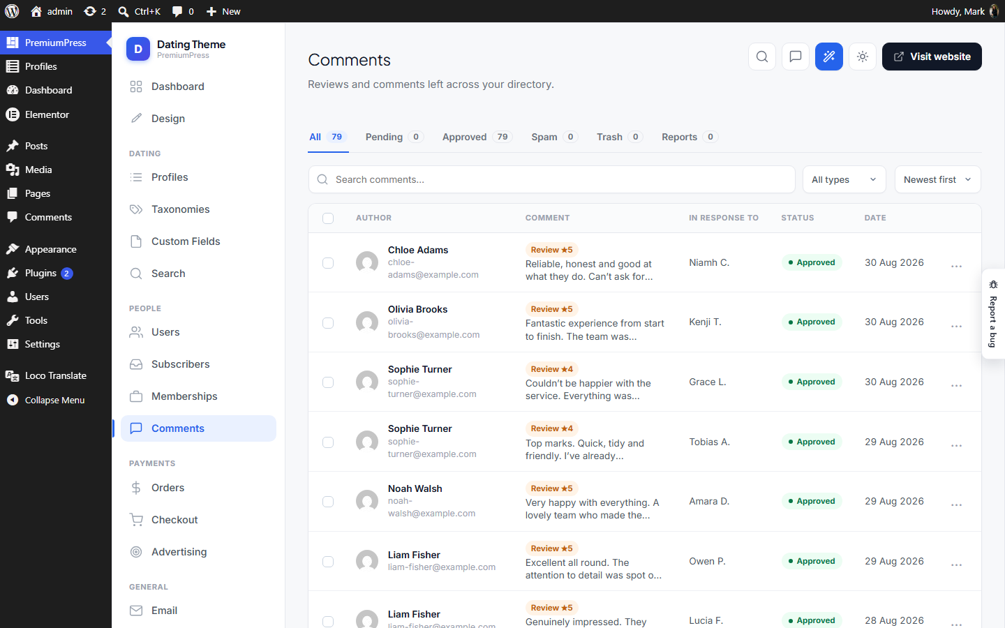 The Comments screen in wp-admin