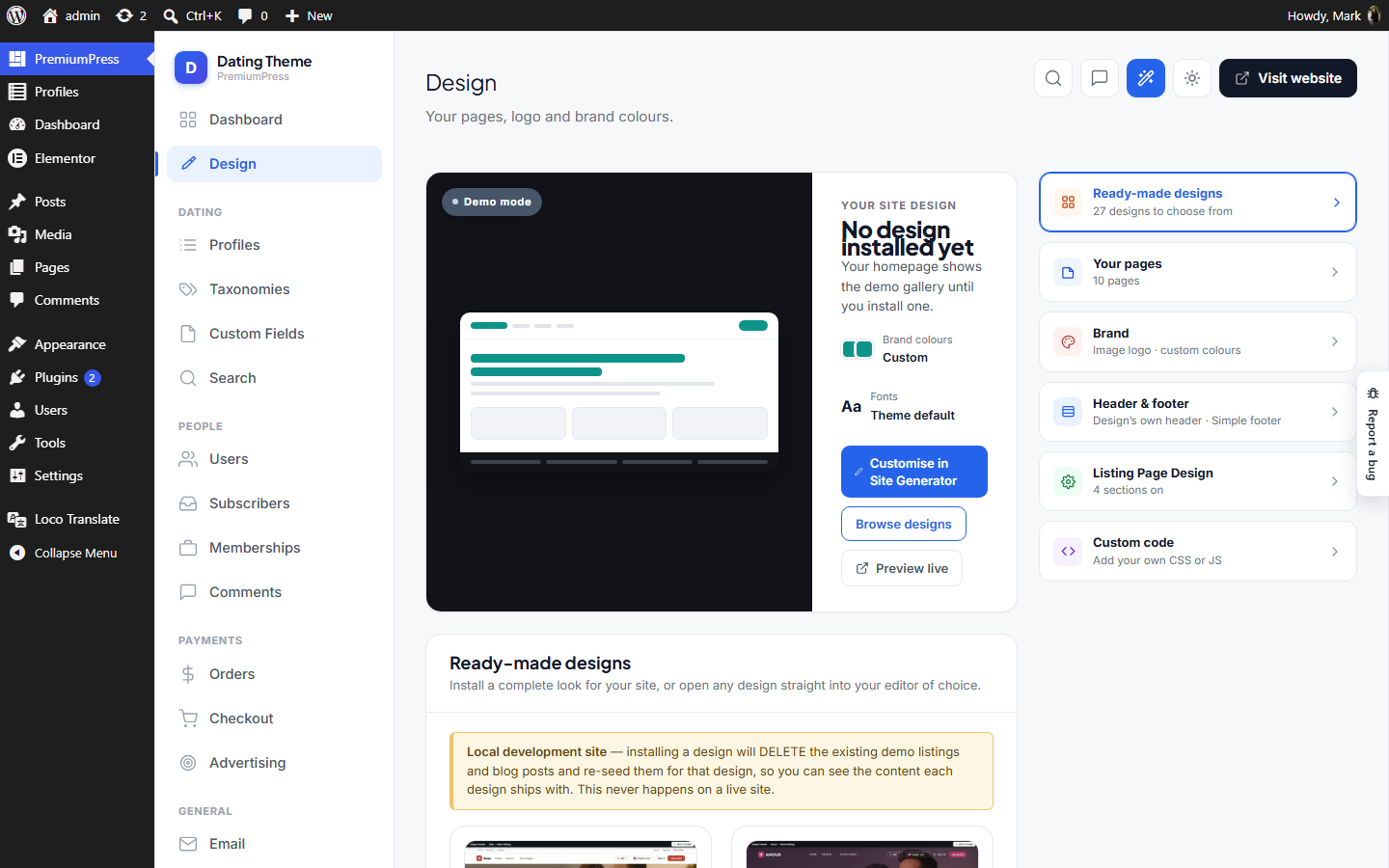 The Design screen in wp-admin