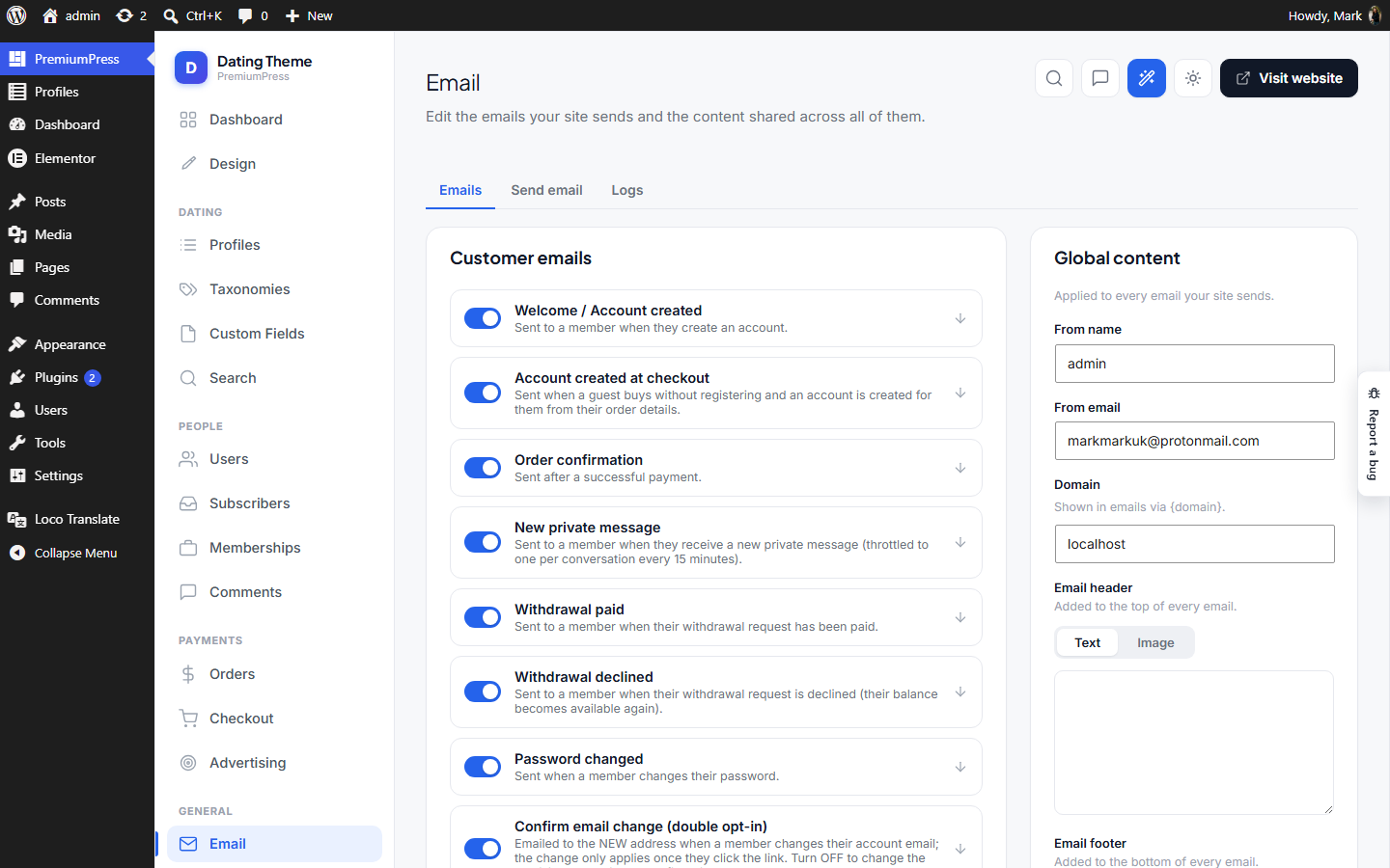 The Email screen in wp-admin