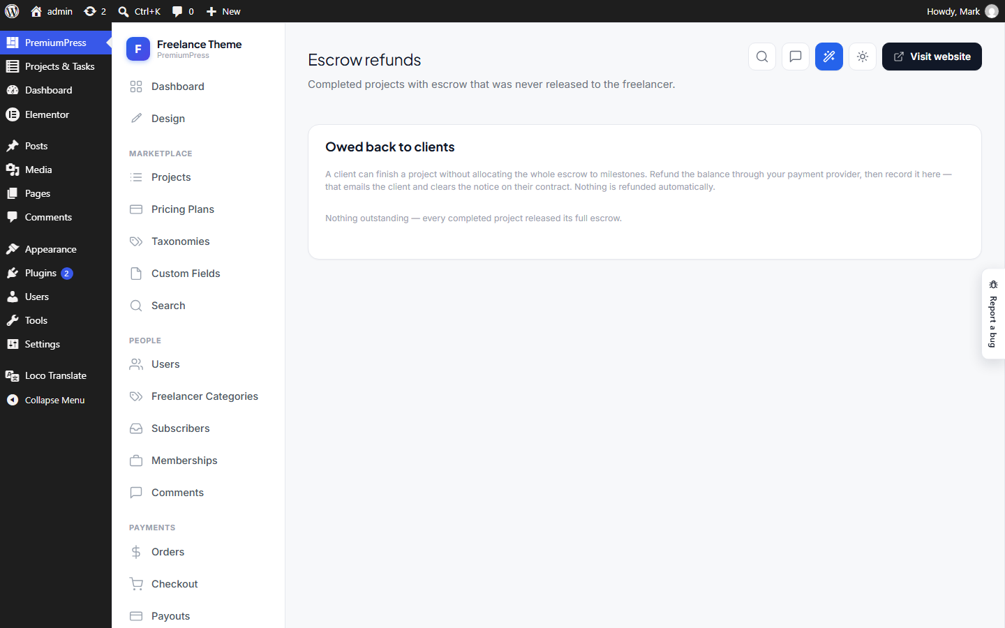 The Escrow refunds screen in wp-admin