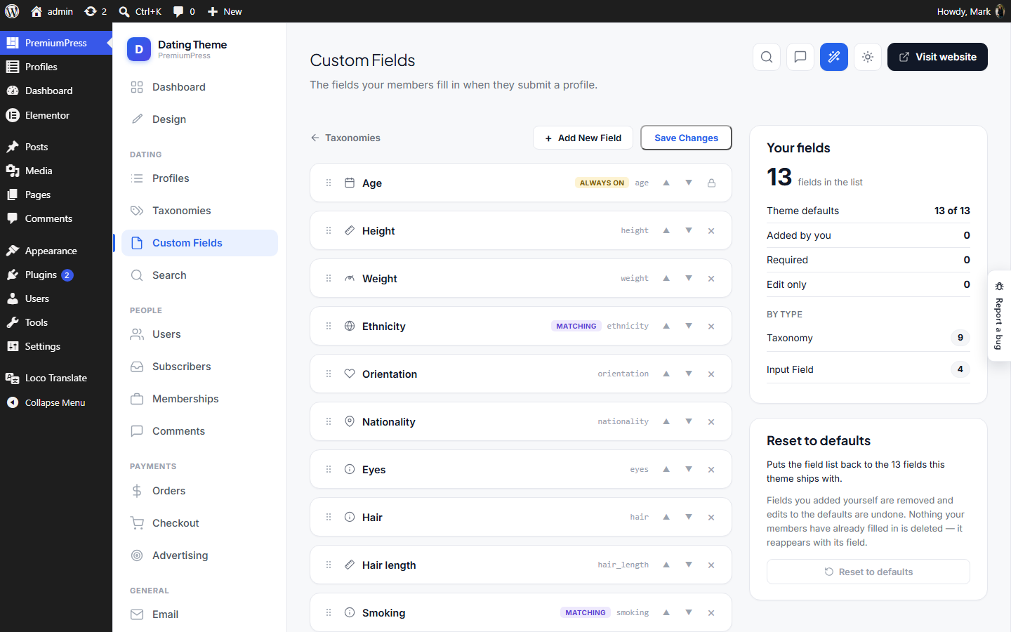 The Custom Fields screen in wp-admin