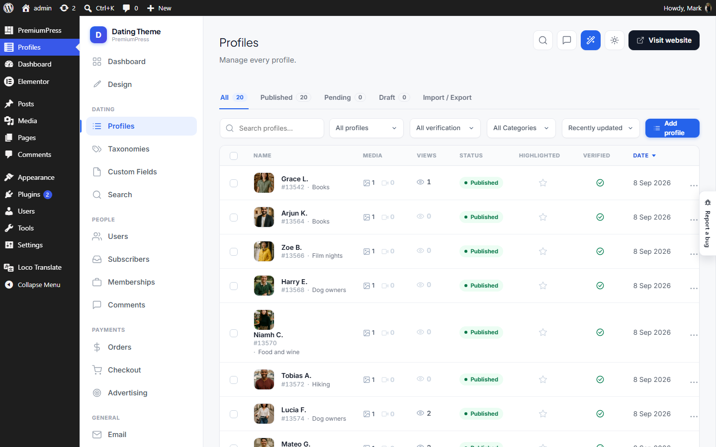 The Listings screen in wp-admin