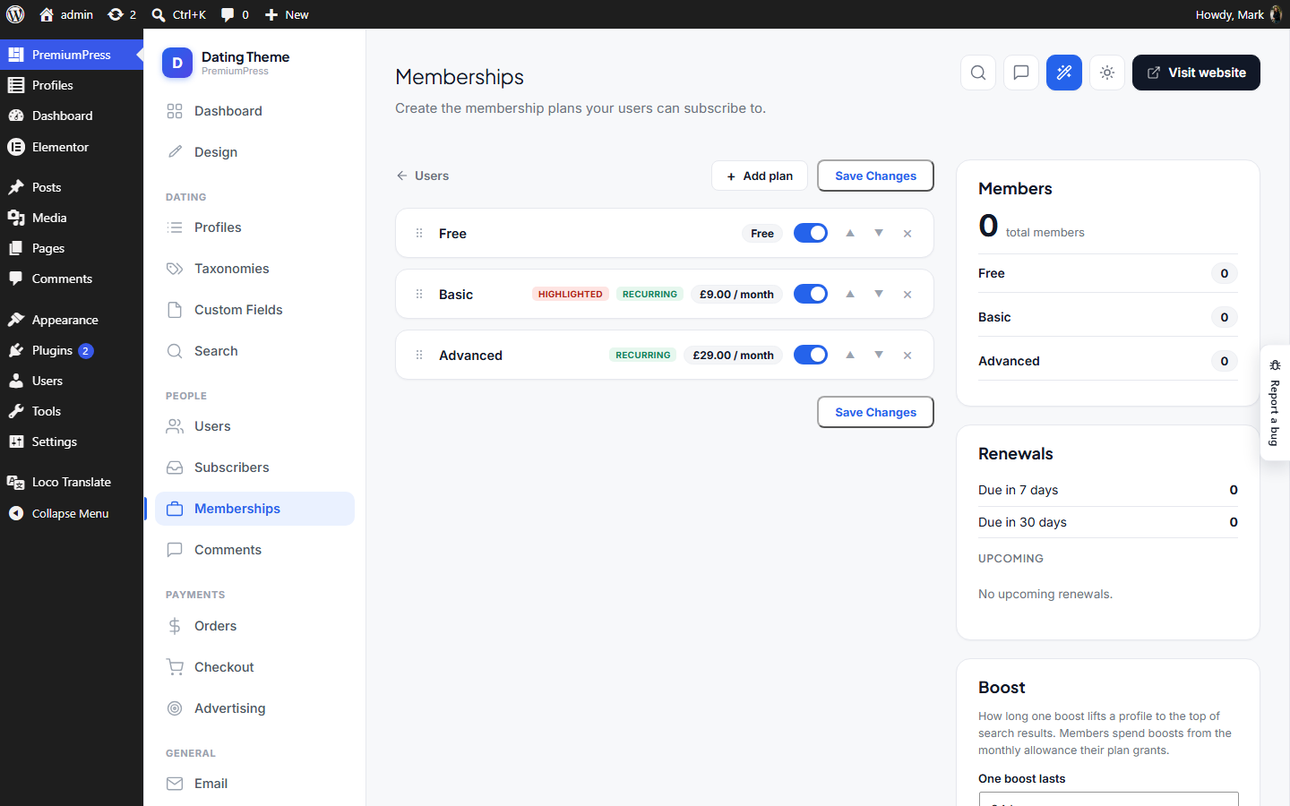 The Memberships screen in wp-admin