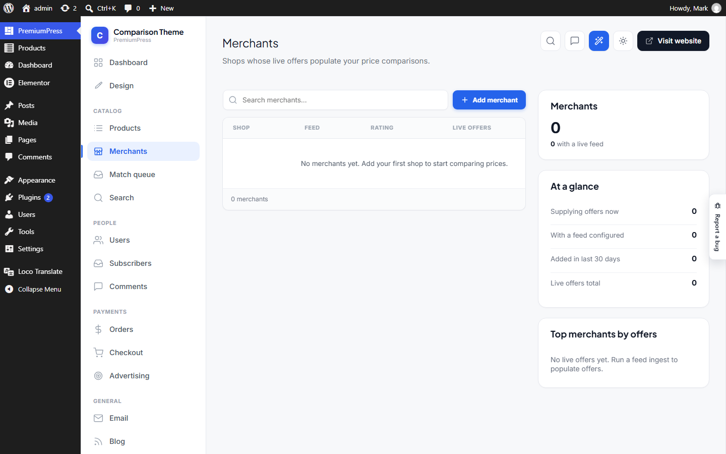 The Merchants screen in wp-admin