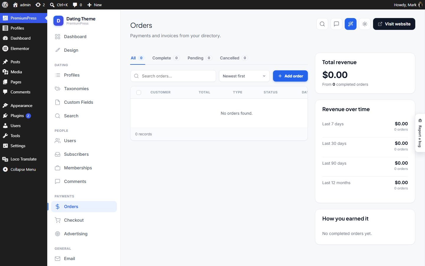 The Orders screen in wp-admin