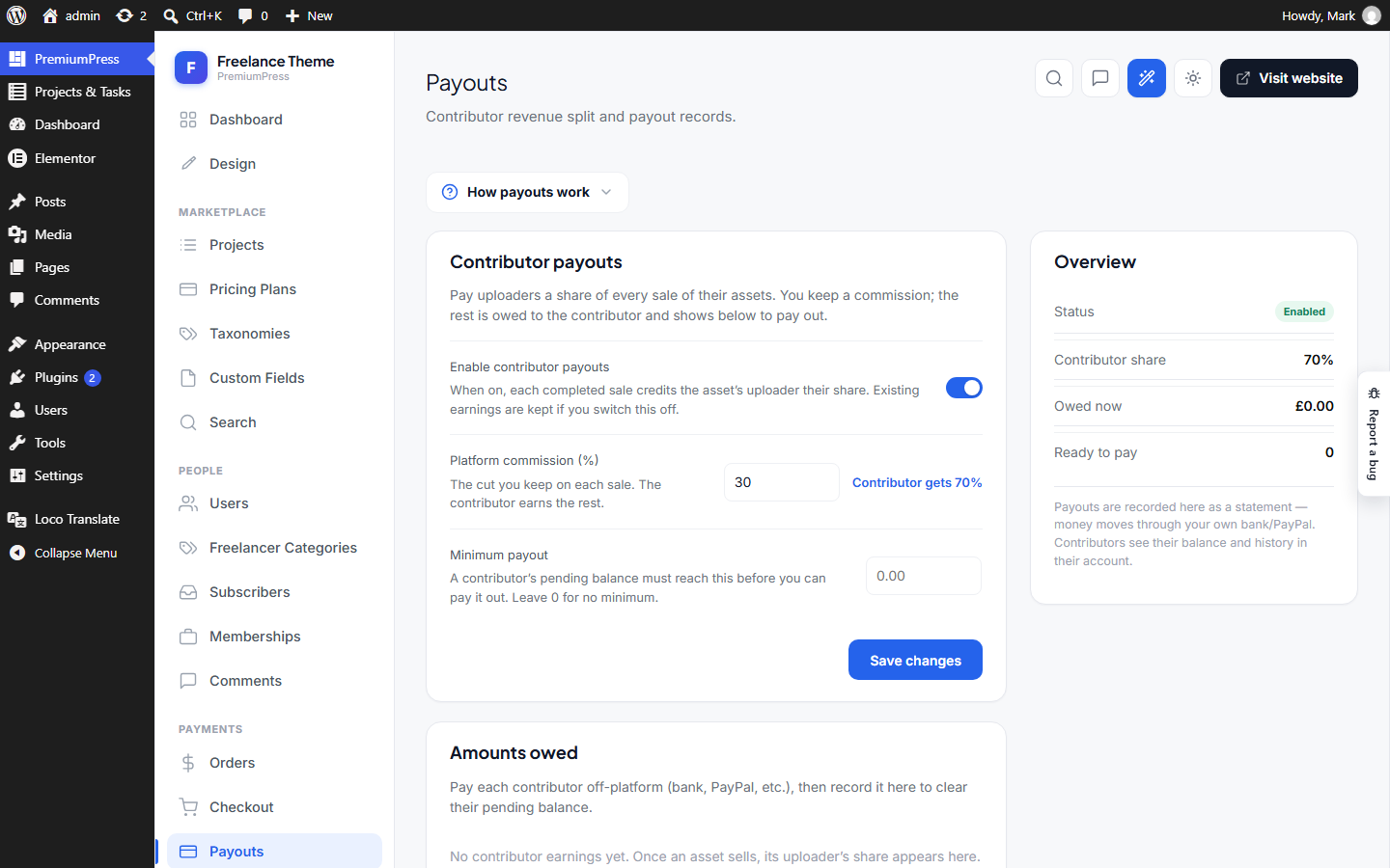 The Payouts screen in wp-admin