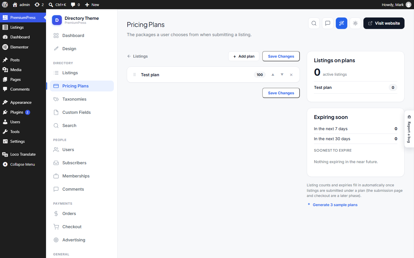 The Pricing Plans screen in wp-admin