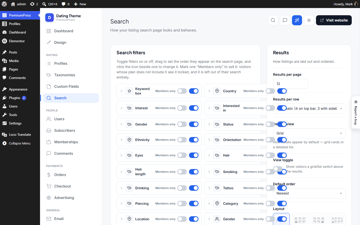 The Search screen in wp-admin