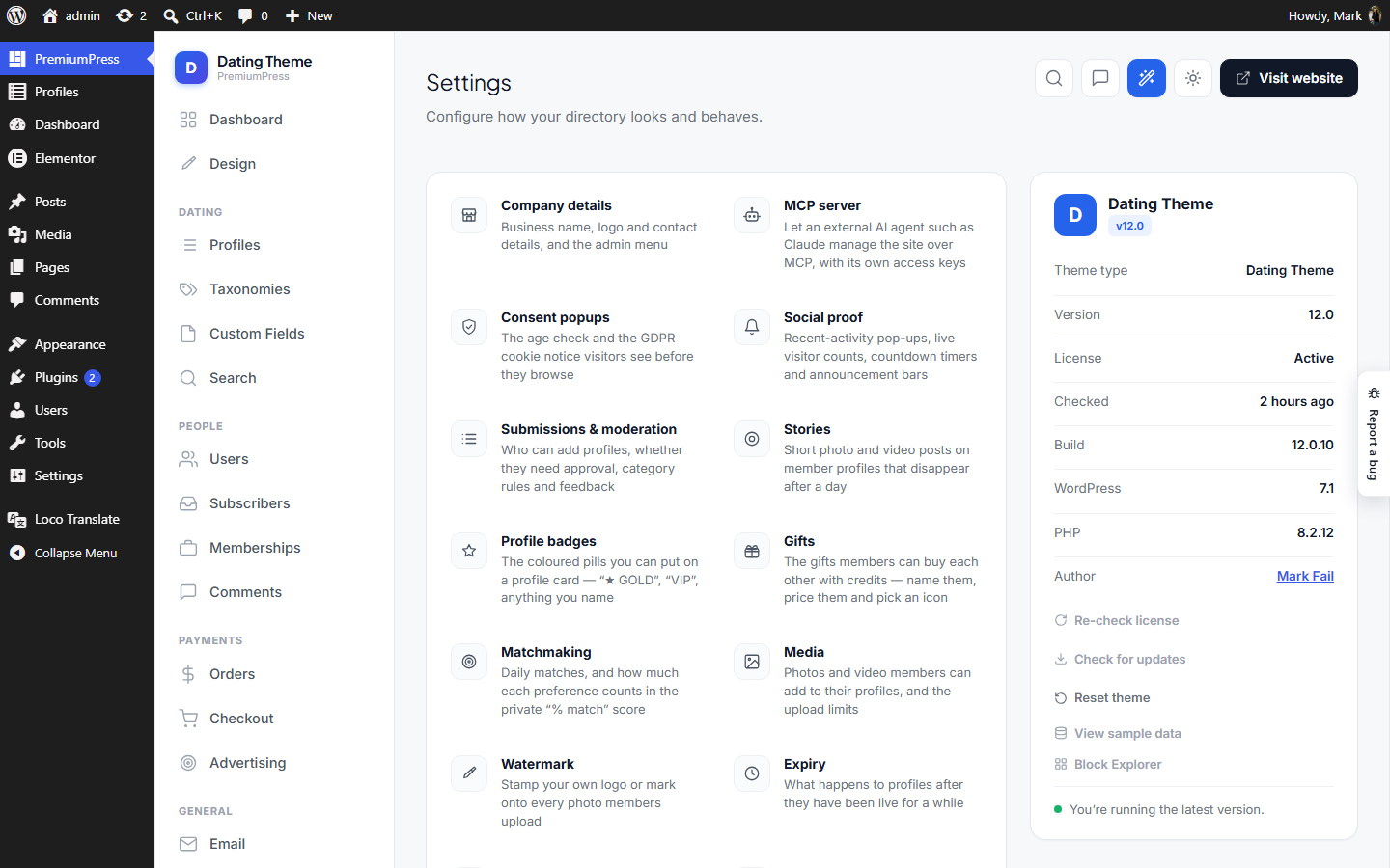 The Settings screen in wp-admin