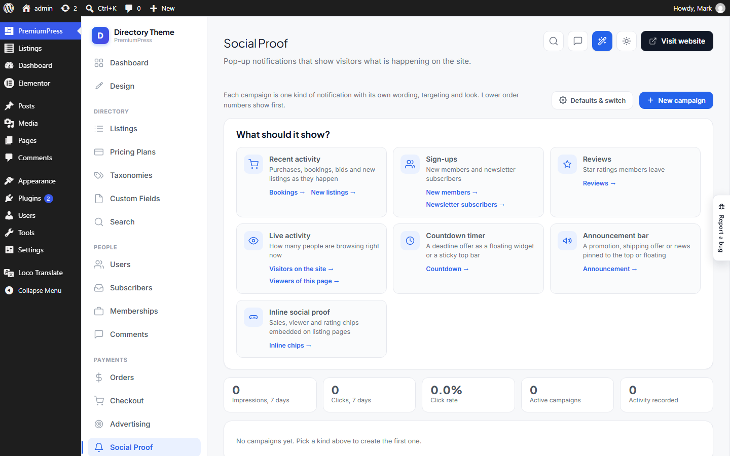 The Social Proof screen in wp-admin
