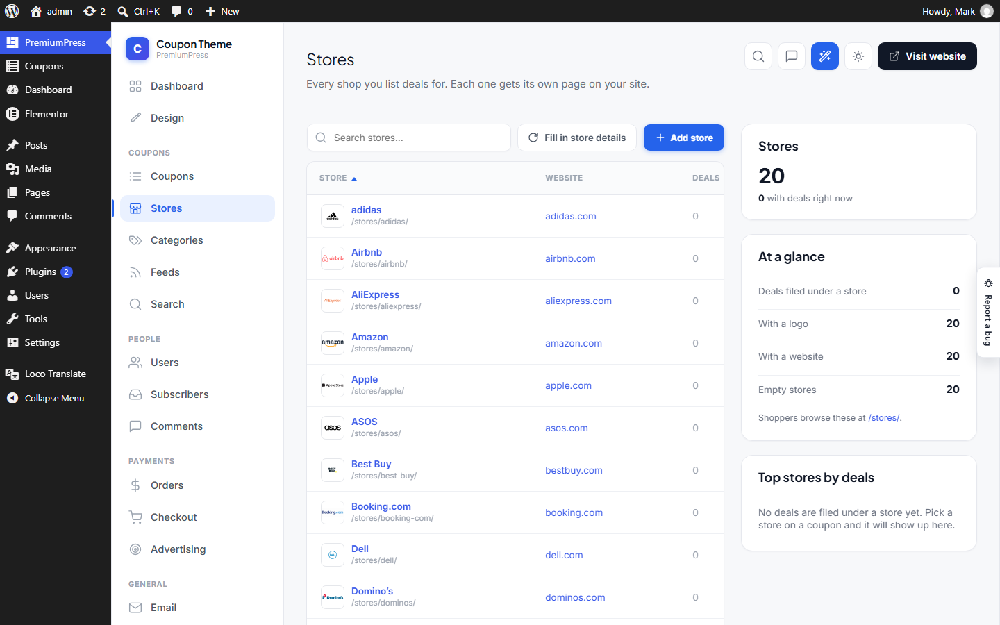 The Stores screen in wp-admin