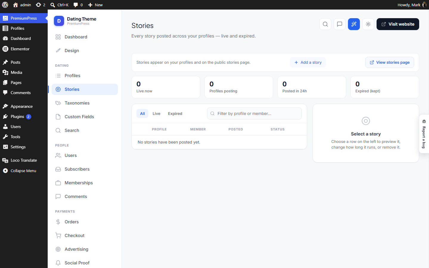 The Stories screen in wp-admin