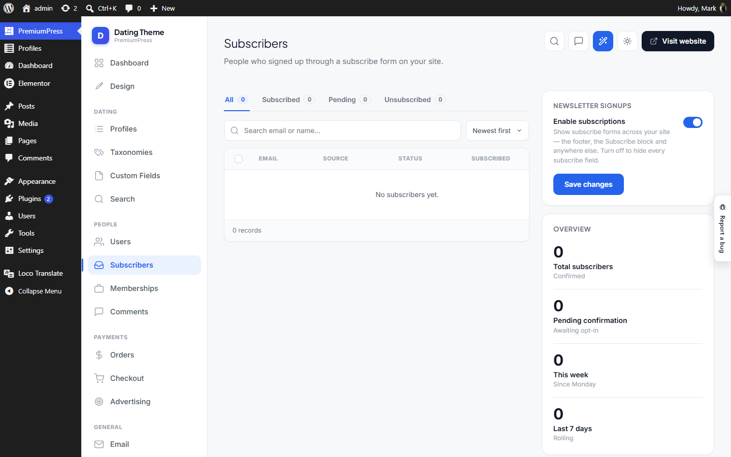 The Subscribers screen in wp-admin