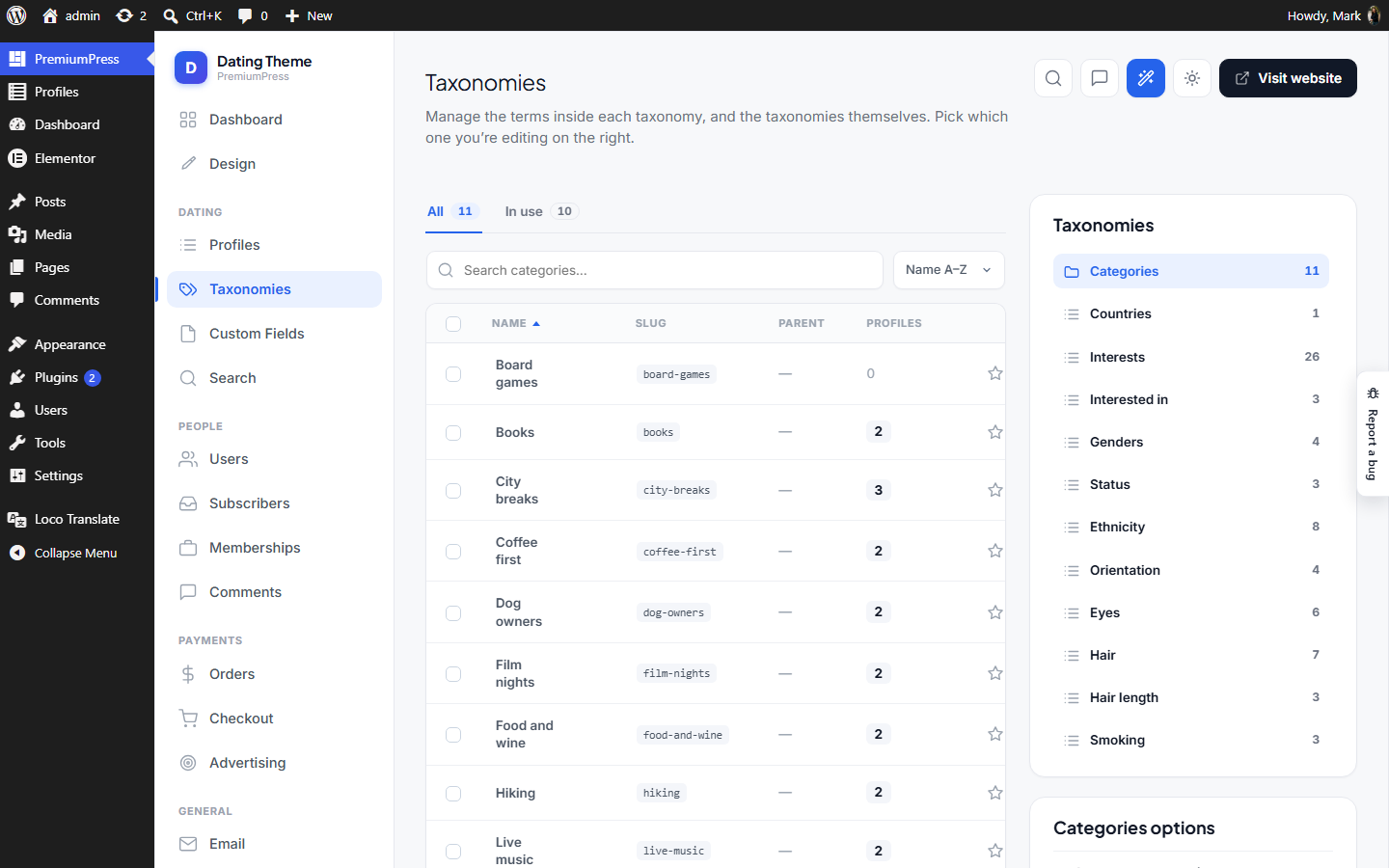 The Taxonomies screen in wp-admin