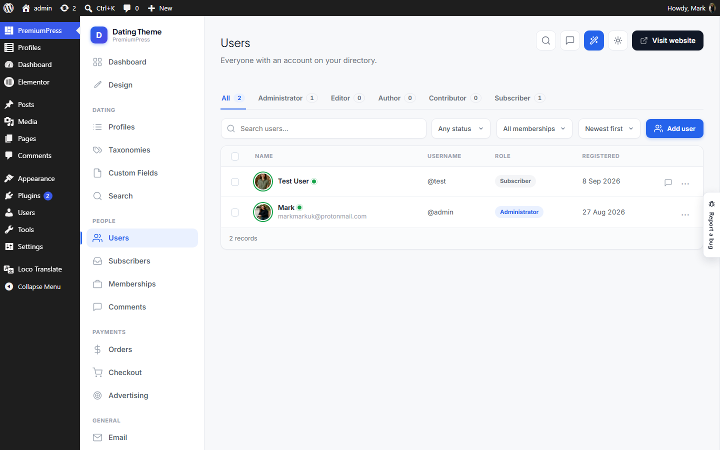 The Users screen in wp-admin