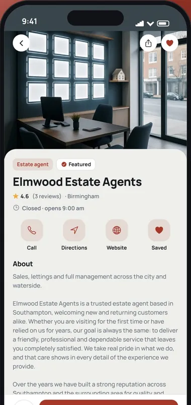 Directory app on iPhone: a listing page with photos, contact buttons and opening hours