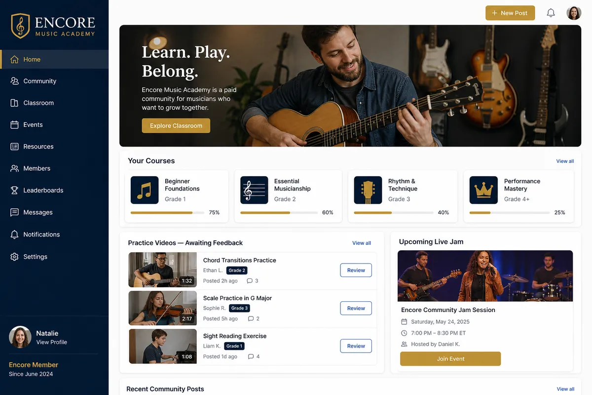 Encore, a community website design for music lessons