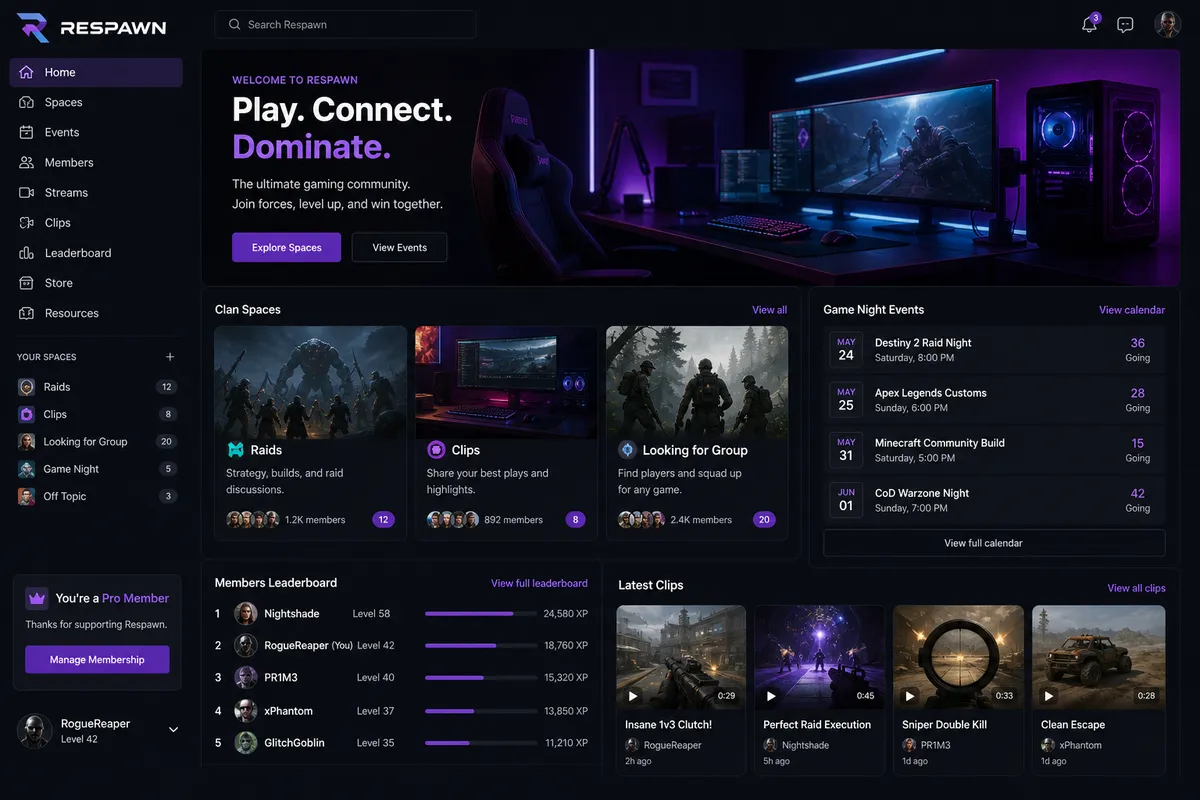 Respawn, a community website design for gaming