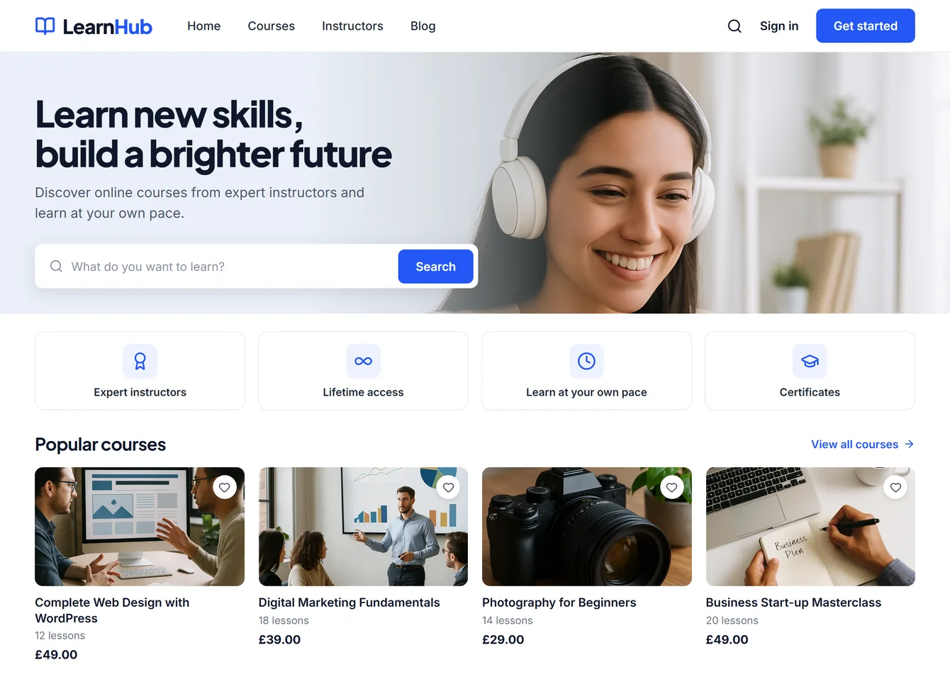 Example online course website with course search and popular courses