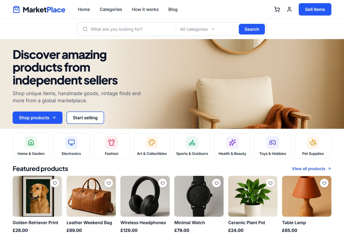 Example marketplace website with product search, categories and featured products