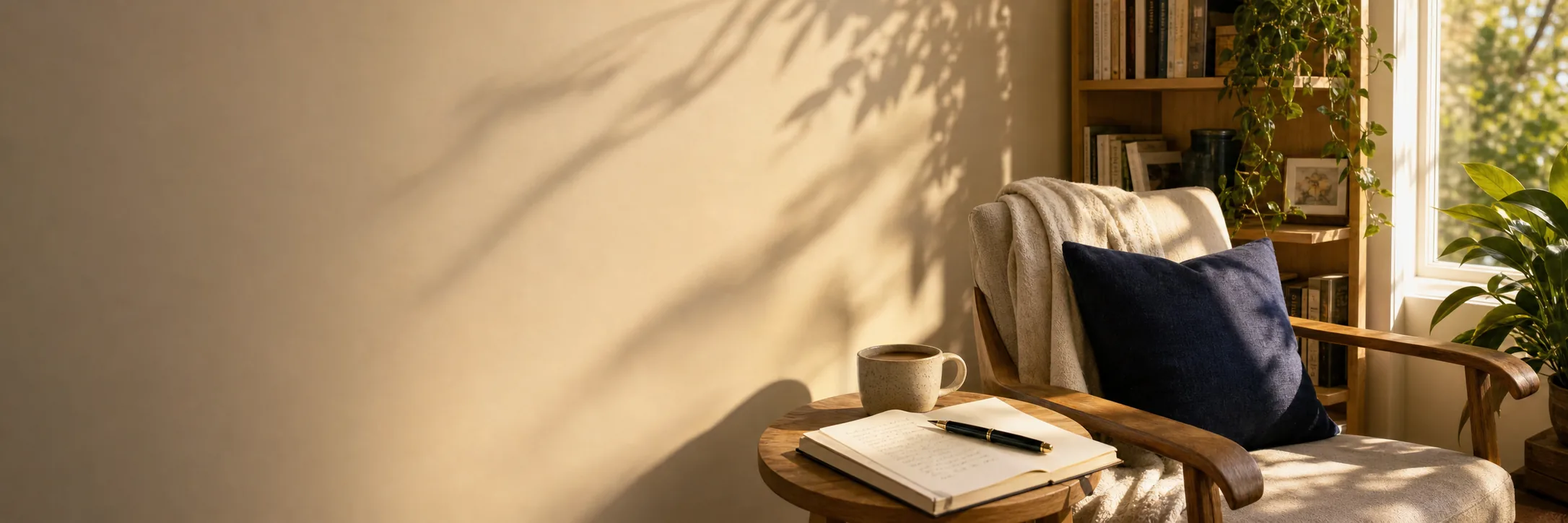 A calm writer's corner with an armchair by a window, a notebook, a pen and coffee