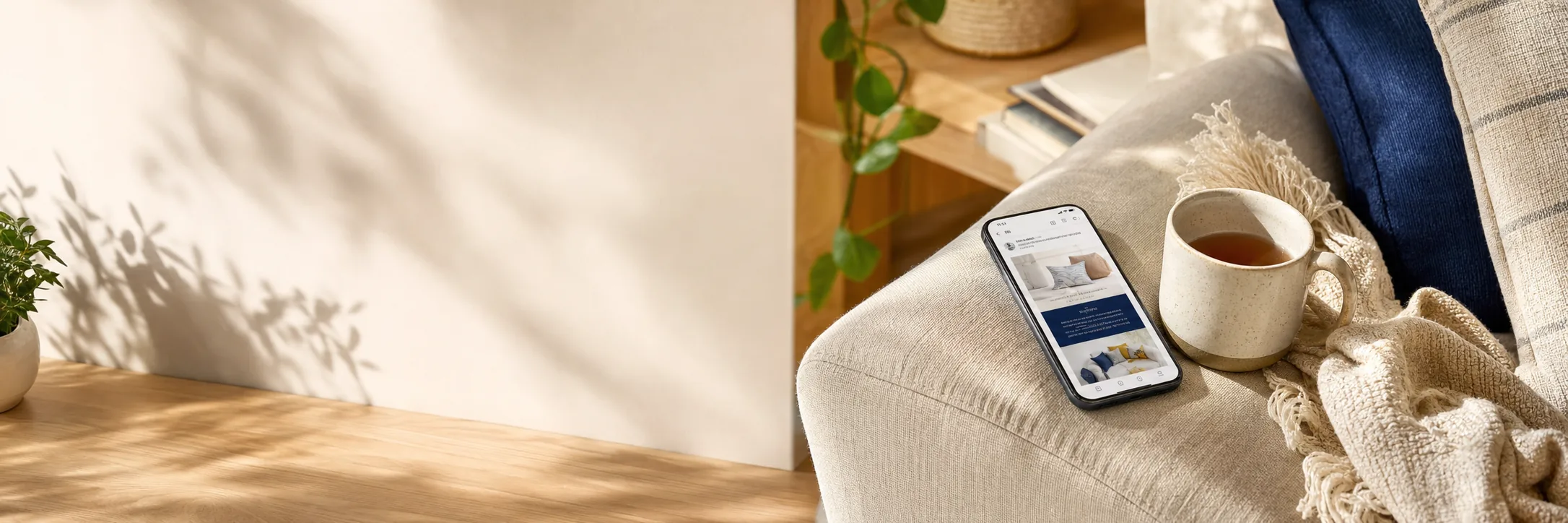 A phone on a linen sofa arm showing an online shop's newsletter, beside a mug of tea