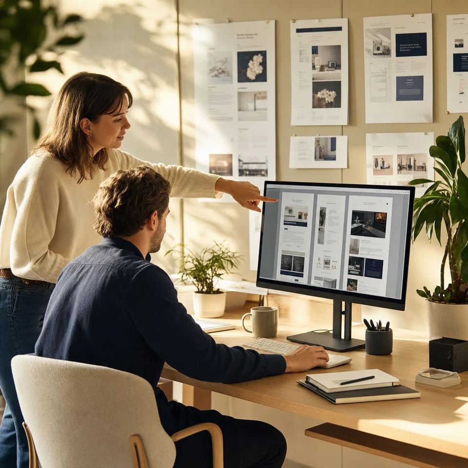 An email designer arranging newsletter sections on a large monitor while a colleague points at the screen