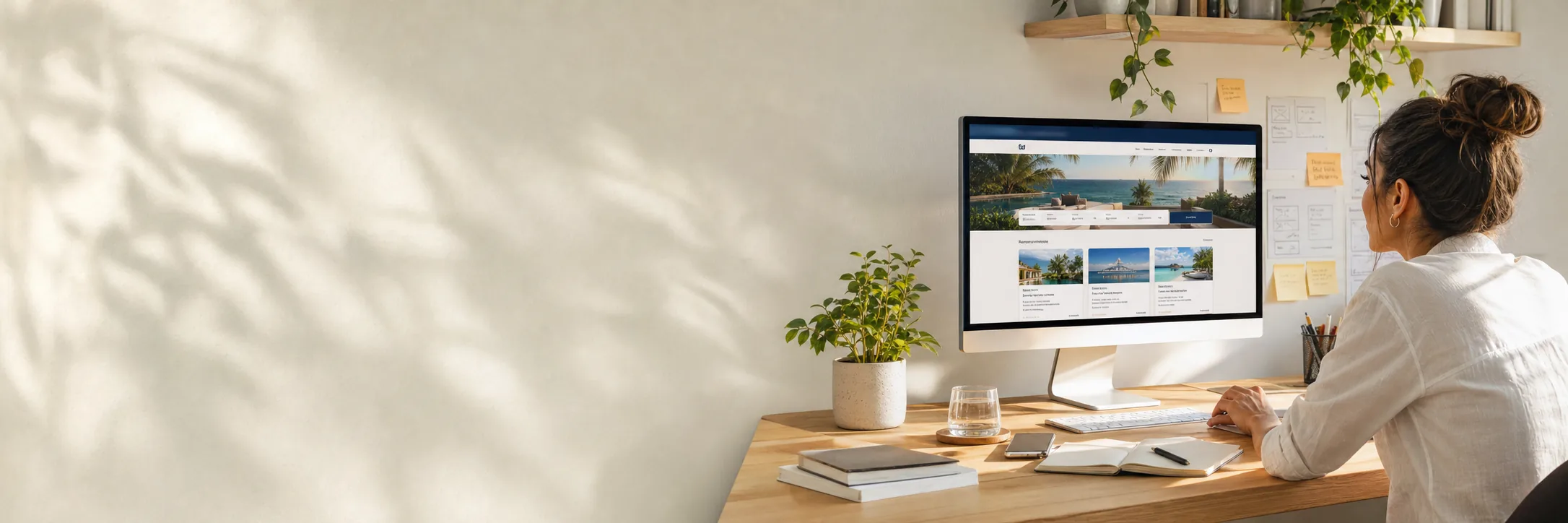 A large monitor on an oak desk showing a holiday booking landing page, with sticky-note wireframes on the wall