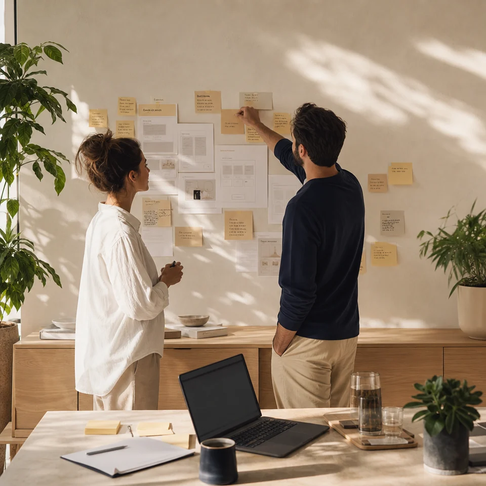 A designer and a copywriter mapping out a landing page on a wall of sticky notes