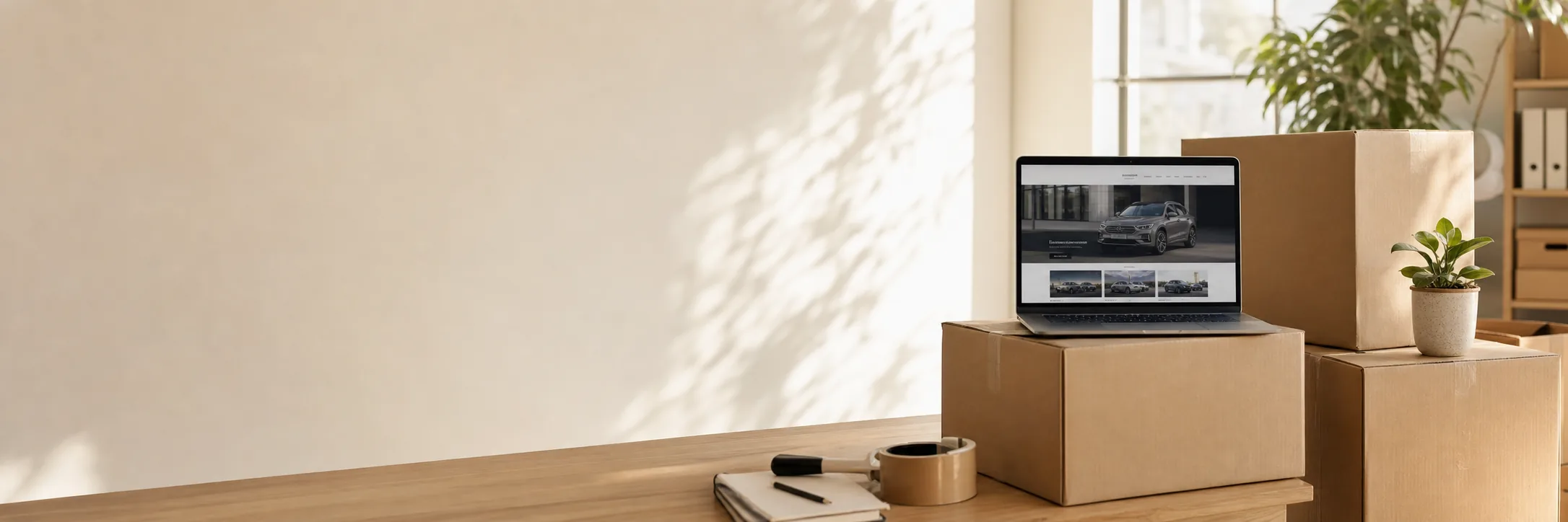 A laptop on top of neat moving boxes in a bright office, showing a new car dealer website