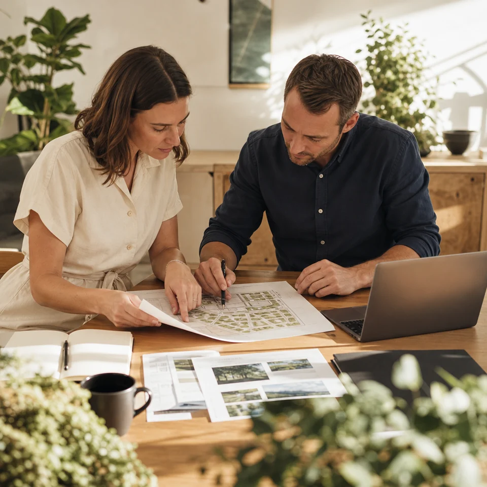 Two specialists ticking off pages on a printed site map as they move a website
