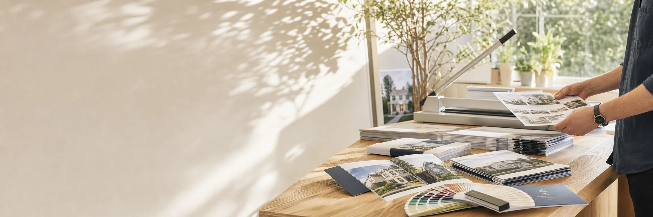 Freshly printed flyers and brochures for a real estate agency stacked on a table in a print room