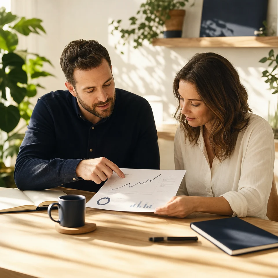 An SEO specialist and a business owner reviewing a printed search report