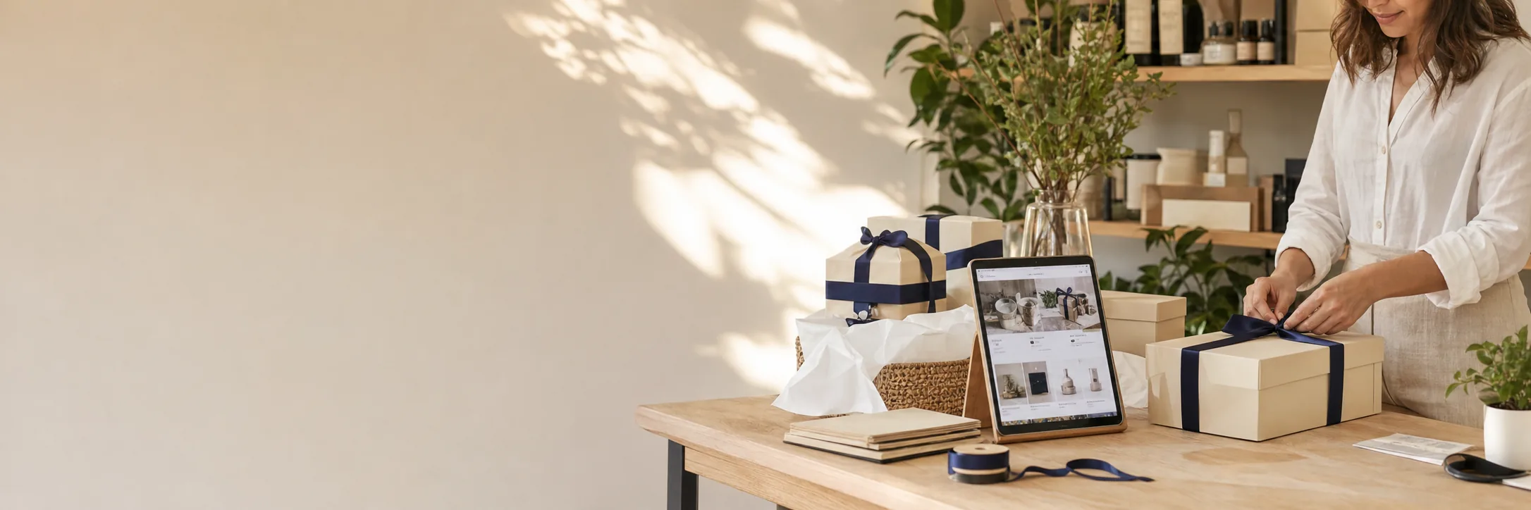 Packed parcels with navy ribbon on a boutique counter beside a tablet showing an online shop