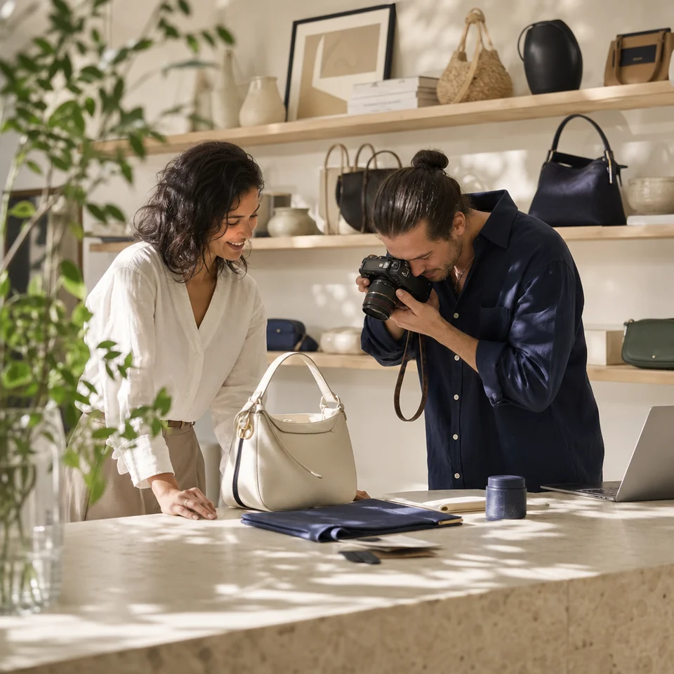 A shop owner and a designer photographing a handbag for an online shop
