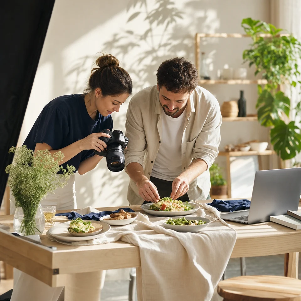 A designer and a photographer arranging restaurant dishes for a social media photo shoot