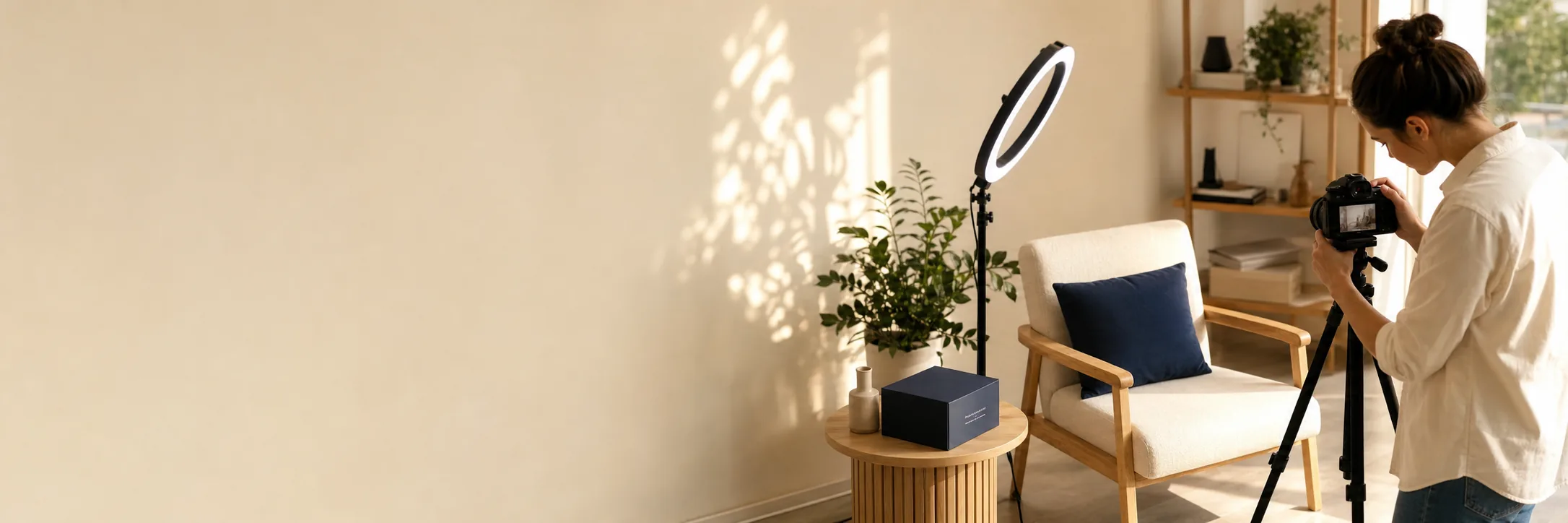 A camera and ring light set up in a bright home studio beside an armchair