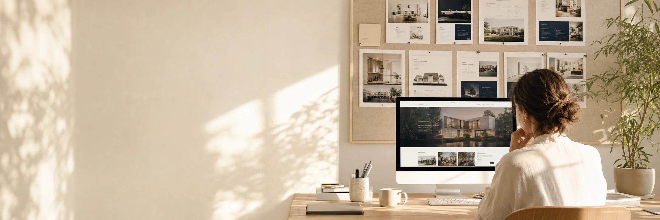 Printed website page layouts for a real estate site pinned on a studio wall above a monitor