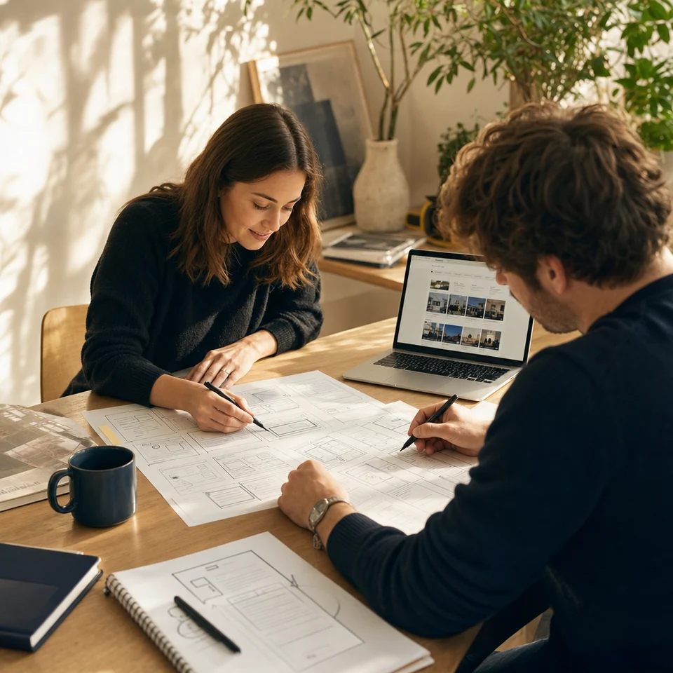 Two web designers sketching a homepage wireframe next to a laptop showing a directory website