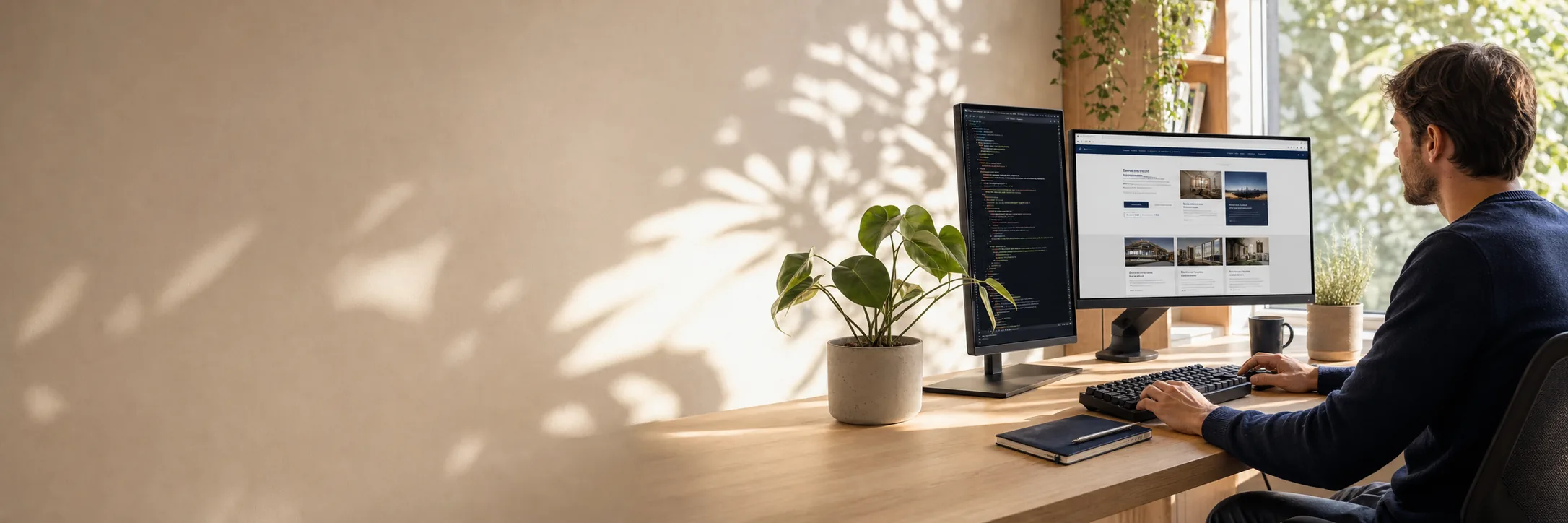 A developer's desk by a window with two monitors showing code and a directory website