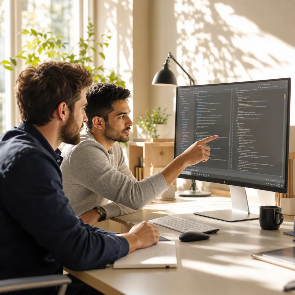 Two developers pair-programming at one large monitor in a bright office