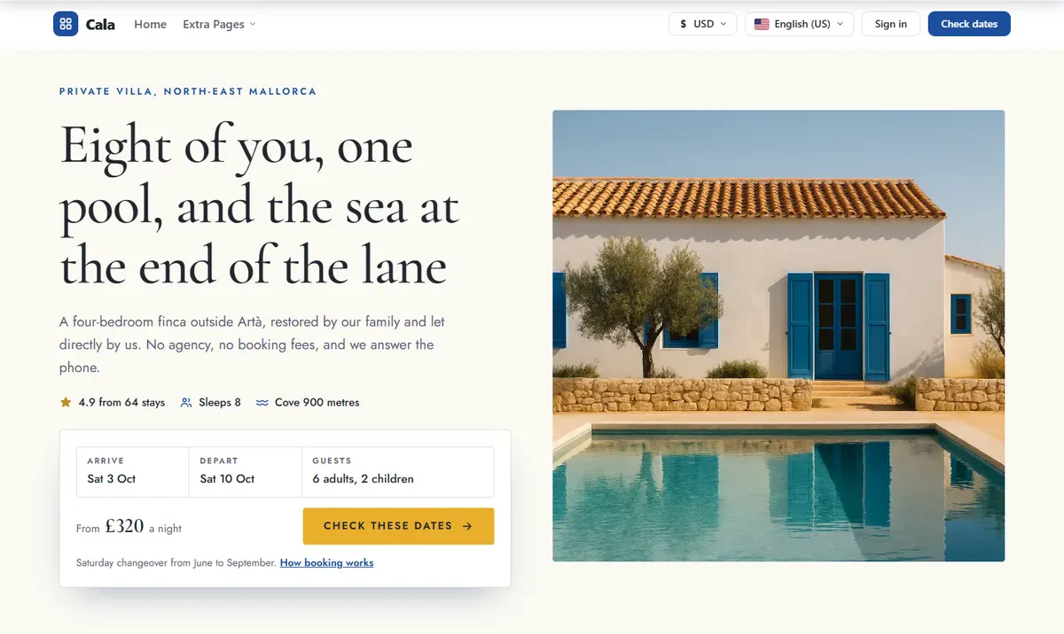 Cala — a villa with a pool website design for the PrivateLet WordPress vacation rental theme