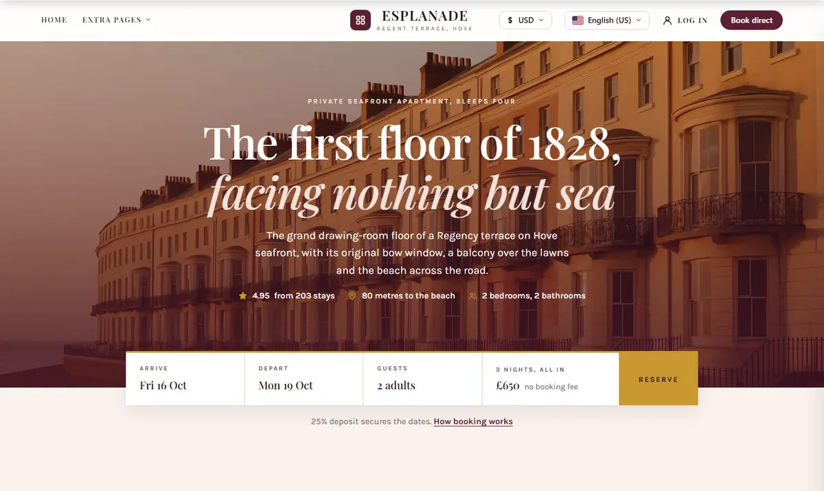 Esplanade — a regency seafront apartment website design for the PrivateLet WordPress vacation rental theme