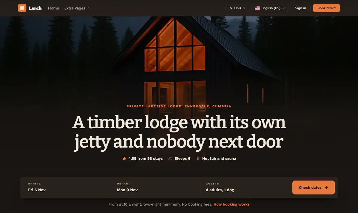 Larch — a lakeside timber lodge website design for the PrivateLet WordPress vacation rental theme
